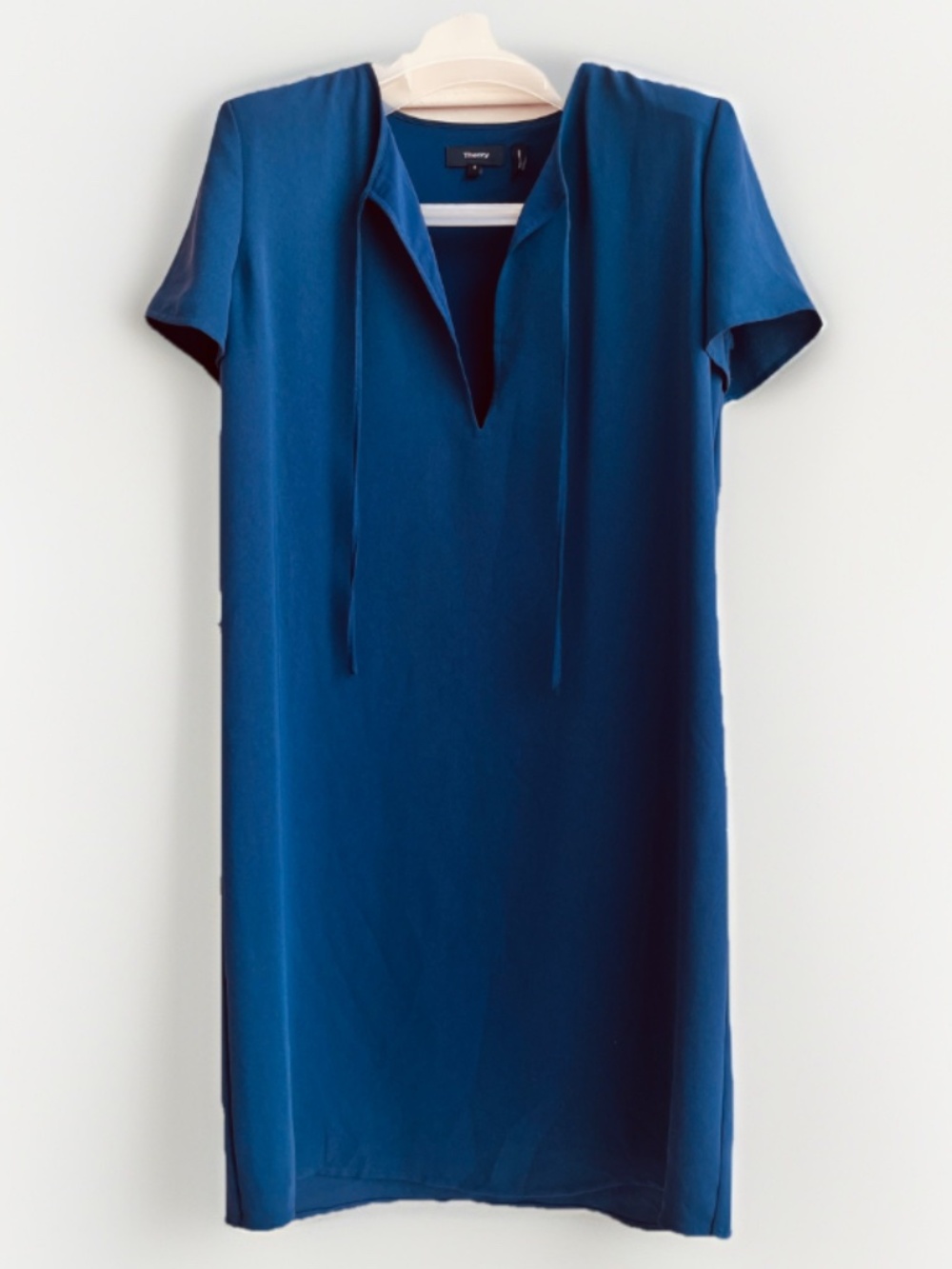 Theory $360 Womens 8 Antazie DT Navy Drapey Crepe Shift Dress Short Sleeve Chic